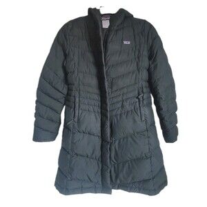 Patagonia Girls Long Down Coat Size XL Black Hooded Puffer Jacket Winter
